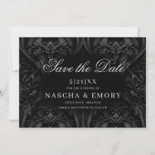 Elegant Zwart Gotisch Damast Moody Bruiloft Save The Date (Voorkant)