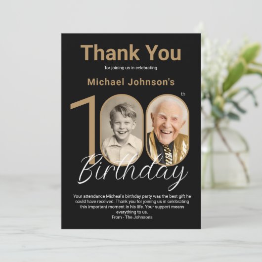 Elegant zwart goud 100e verjaardag bedankkaart (Staand voorkant)