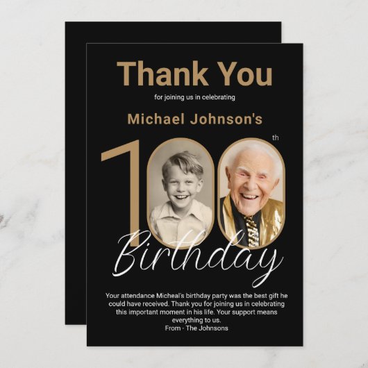 Elegant zwart goud 100e verjaardag bedankkaart (Voorkant / Achterkant)