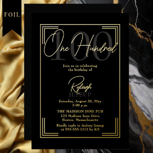 Elegant Zwart Goud 100ste Verjaardag Art Deco Fees Folie Uitnodiging