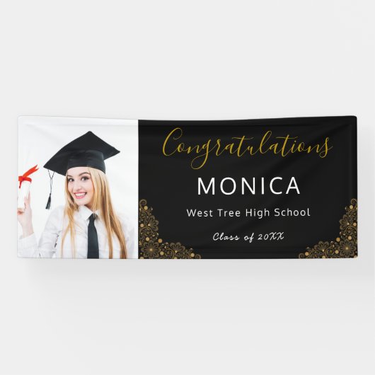 Elegant Zwart Goud 2021 Afstuderen Fotobanner Spandoek (Horizontaal)