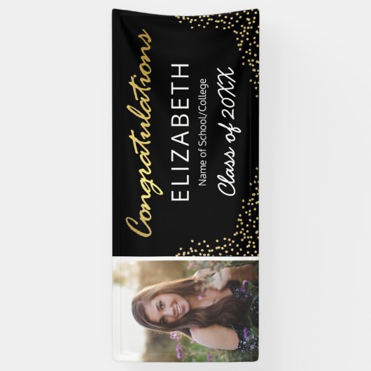 Elegant Zwart Goud 2025 Afstuderen Foto Spandoek (Verticaal)