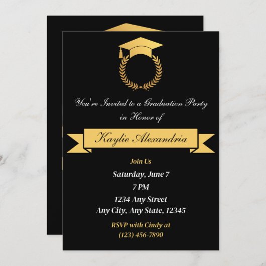 Elegant Zwart & Goud 2025 Afstuderen Uitnodiging (Voorkant / Achterkant)