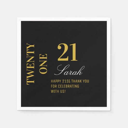 Elegant Zwart & Goud 21e Verjaardagsfeestje Cockta Servet (Voorkant)