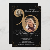 Elegant Zwart Goud 2 Foto Aangepaste 90ste Verjaar Kaart (Voorkant / Achterkant)