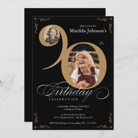 Elegant Zwart Goud 2 Foto Aangepaste 90ste Verjaar Kaart (Voorkant / Achterkant)