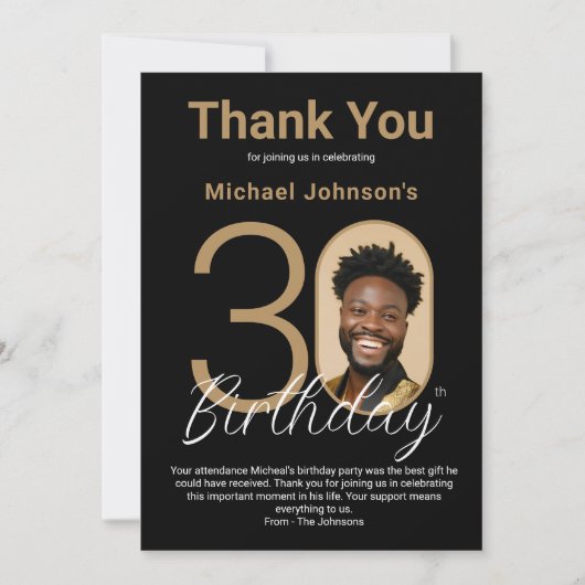 Elegant zwart goud 30e verjaardag bedankkaart (Voorkant)