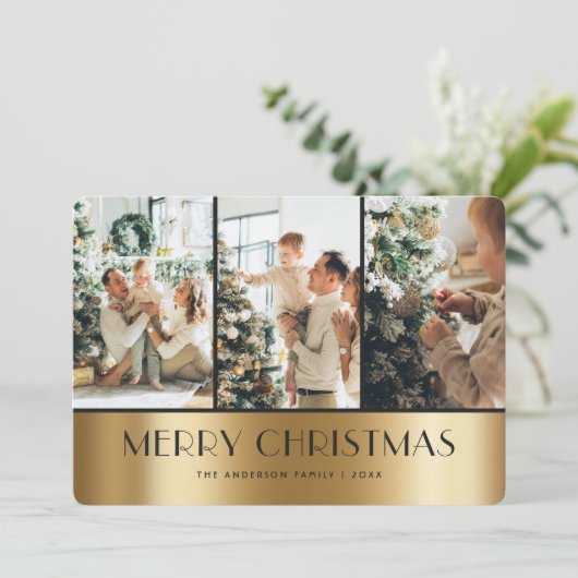 Elegant Zwart Goud 3 Foto Vrolijk Kerstfeest Kaart (Staand voorkant)