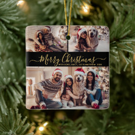 Elegant Zwart Goud 3 Fotocollage Kerstmis Keramisch Ornament