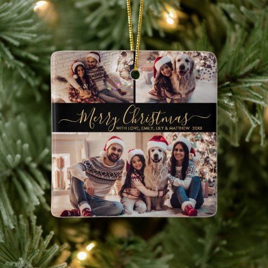 Elegant Zwart Goud 3 Fotocollage Kerstmis Keramisch Ornament (Boom)