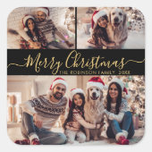 Elegant Zwart Goud 3 Fotocollage Kerstmis Vierkante Sticker (Voorkant)