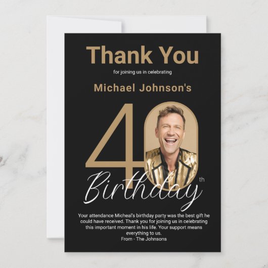 Elegant zwart goud 40e verjaardag bedankkaart (Voorkant)