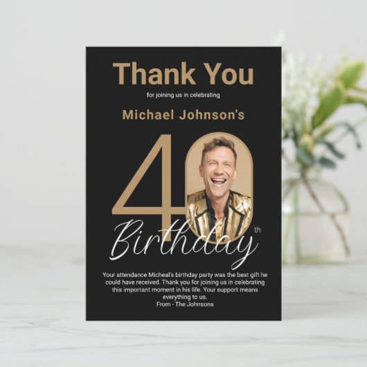 Elegant zwart goud 40e verjaardag bedankkaart (Staand voorkant)
