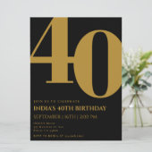 Elegant Zwart & Goud 40e Verjaardagsfeestje Kaart (Staand voorkant)