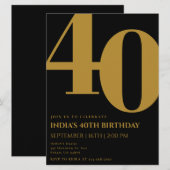 Elegant Zwart & Goud 40e Verjaardagsfeestje Kaart (Voorkant / Achterkant)