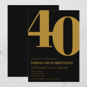 Elegant Zwart & Goud 40e Verjaardagsfeestje Kaart (Voorkant / Achterkant)