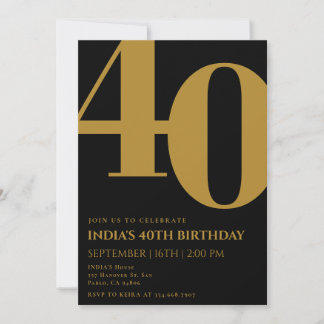 Elegant Zwart & Goud 40e Verjaardagsfeestje Kaart