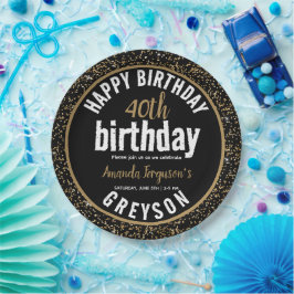 Elegant Zwart & Goud 40e Verjaardagsfeestje Papieren Bordje