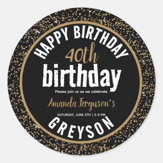 Elegant Zwart & Goud 40e Verjaardagsfeestje Ronde Sticker (Voorkant)