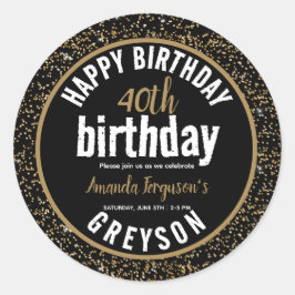 Elegant Zwart & Goud 40e Verjaardagsfeestje Ronde Sticker