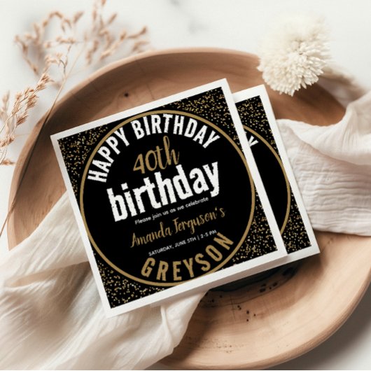 Elegant Zwart & Goud 40e Verjaardagsfeestje Servet