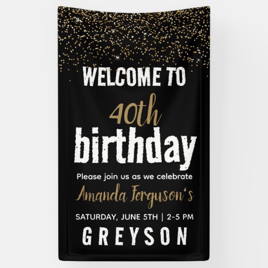 Elegant Zwart & Goud 40e Verjaardagsfeestje Spandoek (Verticaal)