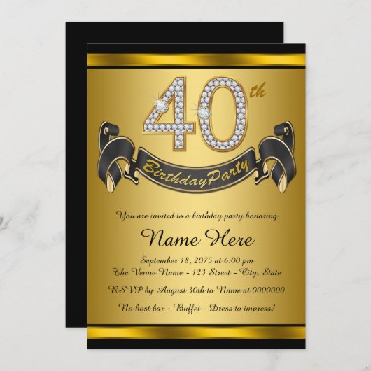 Elegant zwart goud 40ste verjaardagsfeest kaart (Voorkant / Achterkant)