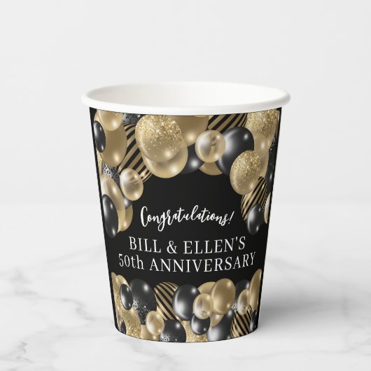 Elegant Zwart Goud 50e Jubileum Papieren Bekers (Achterkant)