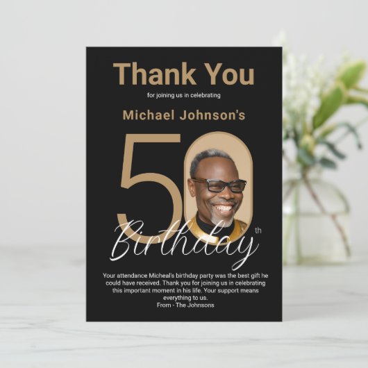 Elegant Zwart Goud 50e Verjaardag Bedankkaart (Staand voorkant)
