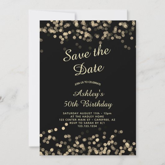 Elegant Zwart Goud 50e Verjaardag Save The Date (Voorkant)