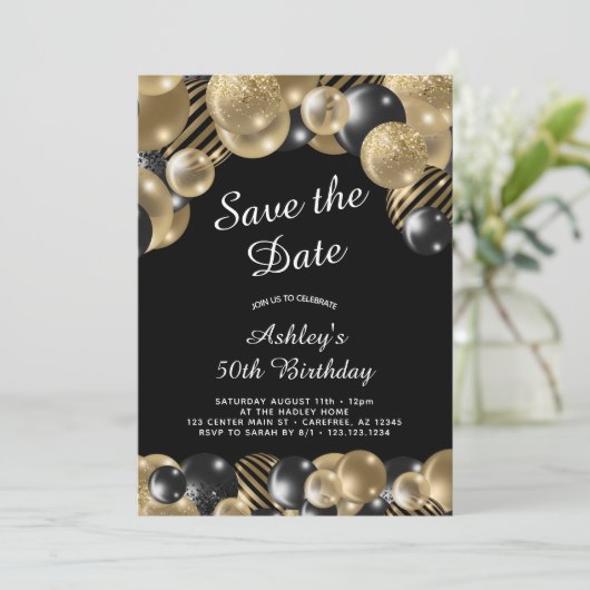 Elegant Zwart Goud 50e Verjaardag Save The Date (Staand voorkant)
