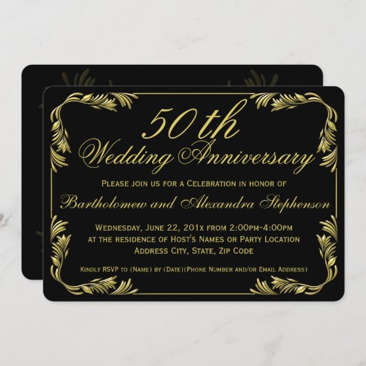 Elegant Zwart/Goud 50ste Huwelijksjubileum Feest Kaart (Voorkant / Achterkant)