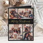 Elegant Zwart Goud 5 Fotocollage Kerstmis Feestdagen Kaart<br><div class="desc">Elegante kalligrafie Modern Eenvoudig Zwart en Goud 5 Fotocollage Merry Christmas Script Vakantie Kaart. Deze feestelijke, minimalistische, grillige vijf (5) foto vakantie wenskaart sjabloon beschikt over een grid fotocollage en zegt "Vrolijk kerstfeest"! De begroetingstekst "Merry Christmas" is geschreven in een prachtig handgeschreven wervelig swash-tail lettertype typografie script in goud op...</div>