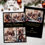 Elegant Zwart Goud 5 Fotocollage Kerstmis Feestdagenkaart<br><div class="desc">Modern Eenvoudig Elegant Kalligrafie Zwart en Goud 5 Fotocollage Vrolijk Kerstmis Script Vakantie Kaart. Deze feestelijke, minimalistische, grillige vijf (5) foto vakantie wenskaart sjabloon beschikt over een grid fotocollage en zegt "Vrolijk kerstfeest"! De begroetingstekst "Merry Christmas" is geschreven in een prachtig met de hand geletterd wervelig swash-tail lettertype script in...</div>