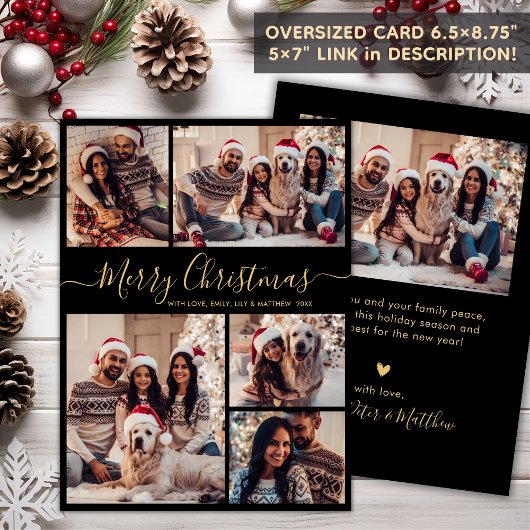 Elegant Zwart Goud 5 Fotocollage Kerstmis Feestdagenkaart