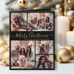 Elegant Zwart Goud 5 Fotocollage Kerstmis Kaart<br><div class="desc">Elegante kalligrafie Modern Eenvoudig Zwart en Goud 5 Photo Collage Vrolijk Kerstscript Grote Gevouwen Vakantie Kaart. Deze feestelijke minimalistische vijf (5) foto vakantie wenskaart sjabloon is voorzien van een grid foto collage en zegt "Merry Christmas"! De "Merry Christmas" begroetingstekst is geschreven in een prachtige hand geletterde wervelende grillige swash-tail lettertype...</div>