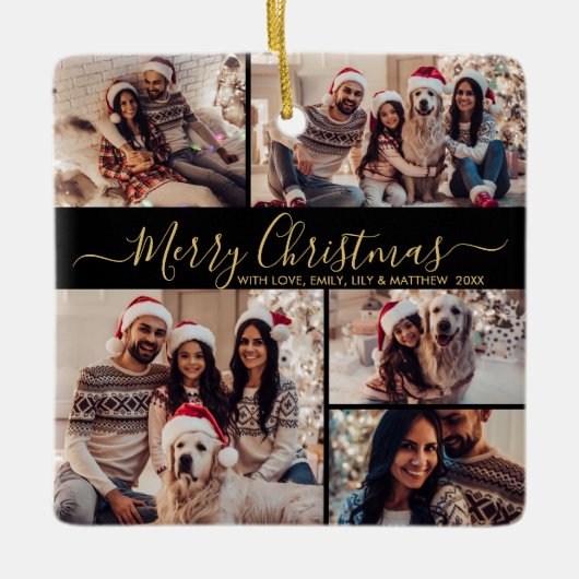 Elegant Zwart Goud 5 Fotocollage Kerstmis Keramisch Ornament (Voorkant)