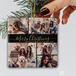 Elegant Zwart Goud 5 Fotocollage Kerstmis Keramisch Ornament<br><div class="desc">Elegant Modern Script Zwart en Goud 5 Photo Collage Vrolijk Kerstscript Vakantie Keramisch Ornament. Beschikt over minimalistische vijf (5) foto collage sjabloon een grid collage en "Merry Christmas" gezegde! De "Merry Christmas" begroetingstekst is geschreven in een prachtig handgeschreven grillig wervelend swash-tail lettertype script in goud op zwarte achtergrond. Aan de...</div>