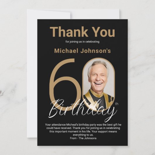 Elegant Zwart Goud 60e Verjaardag Bedankkaart (Voorkant)