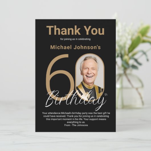 Elegant Zwart Goud 60e Verjaardag Bedankkaart (Staand voorkant)