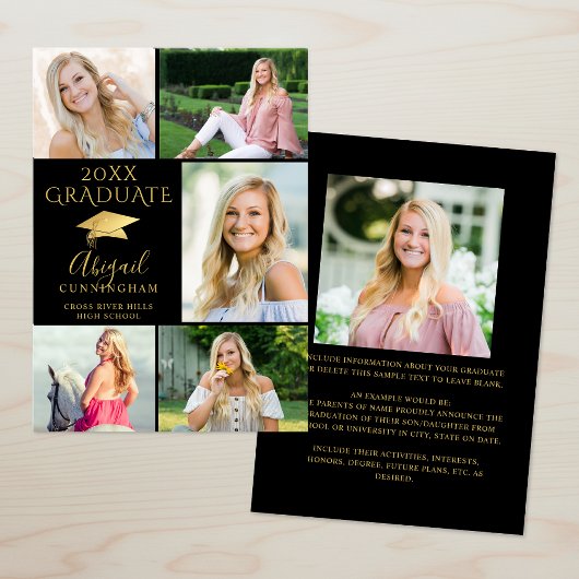 Elegant Zwart Goud 6 Foto Collage Afgestudeerde Aankondiging