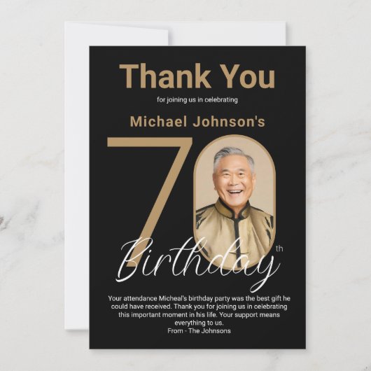 Elegant Zwart Goud 70e Verjaardag Bedankkaart (Voorkant)
