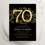 Elegant Zwart Goud 70e Verjaardag Kaart<br><div class="desc">Elegant zwart goud 70e verjaardag feestuitnodiging.  modern vrouwelijk design met rozen botanische accenten en faux glitter gold. Eenvoudige bloemenuitnodigingskaart perfect voor een stijlvol vrouwen dagfeest. Personaliseer met je eigen gegevens. Gedrukte Zazzle-uitnodigingen of direct download digitale afdrukbare sjabloon.</div>