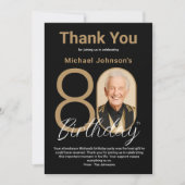 Elegant Zwart Goud 80e Verjaardag Bedankkaart (Voorkant)