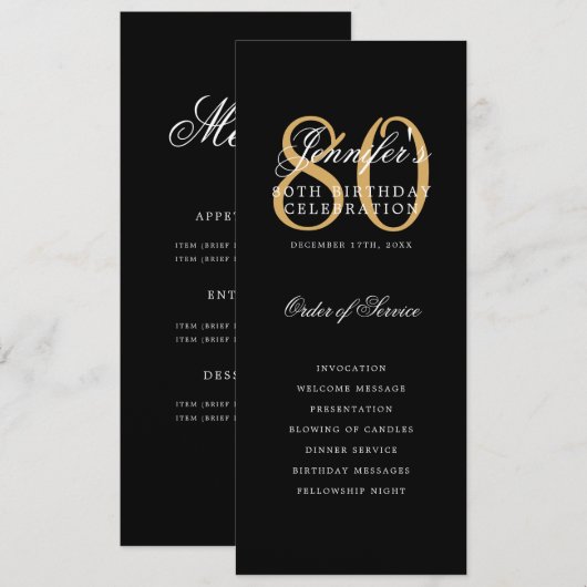 Elegant Zwart Goud 80e Verjaardagsprogramma w / Me Kaart (Voorkant / Achterkant)