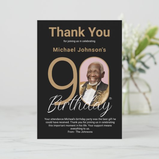 Elegant Zwart Goud 90e Verjaardag Bedankkaart (Staand voorkant)