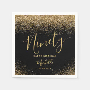 Elegant Zwart Goud 90e Verjaardag Glitter Naam Servet