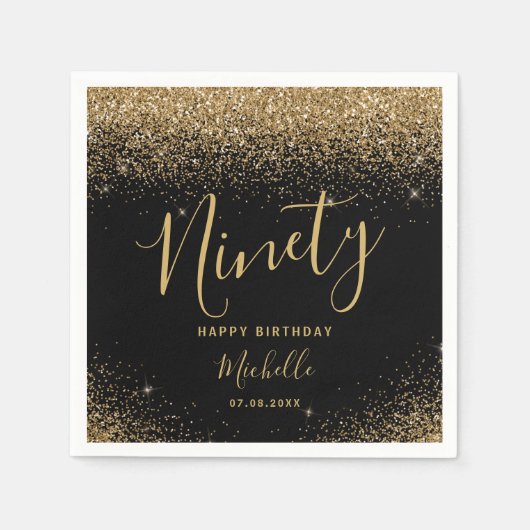 Elegant Zwart Goud 90e Verjaardag Glitter Naam Servet (Voorkant)