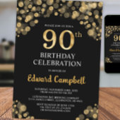 Elegant Zwart & Goud 90e Verjaardag Uitnodiging