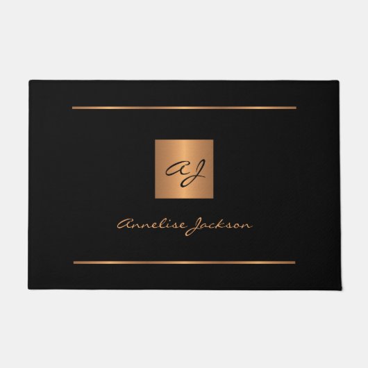 Elegant zwart goud aangepaste monogram naam script deurmat (Voorkant)